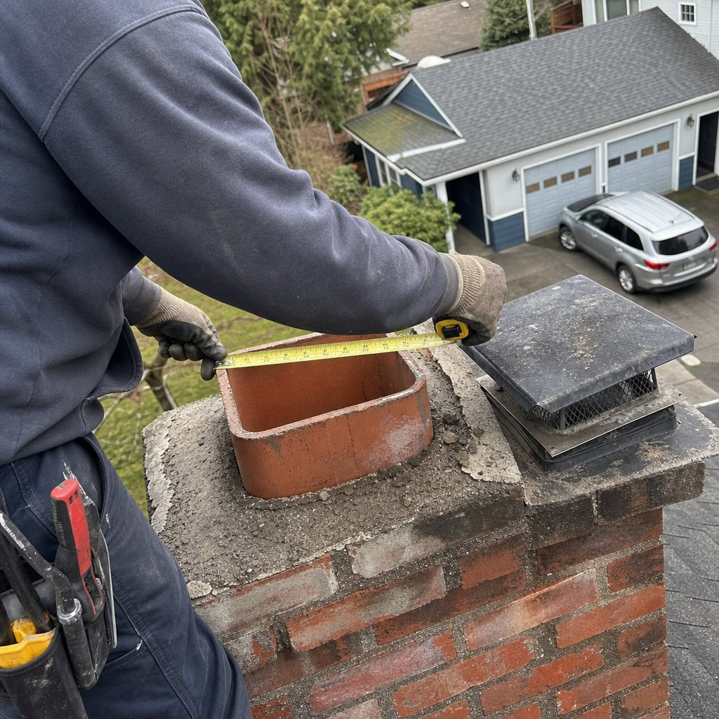 Technician measuring a chimney flue for a new chimney cap installation in Cheney, WA