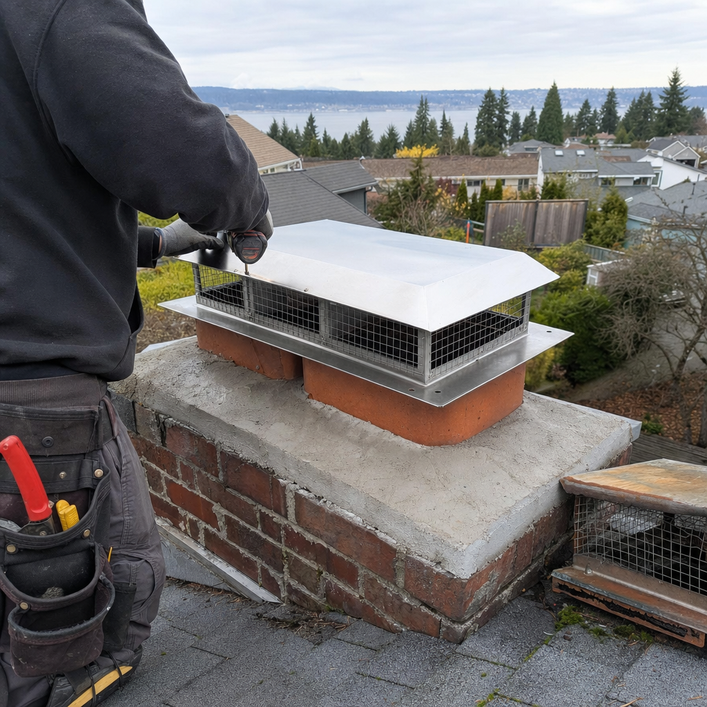 Technician installing a custom stainless steel chimney cap on a brick chimney in Oatfield, WA