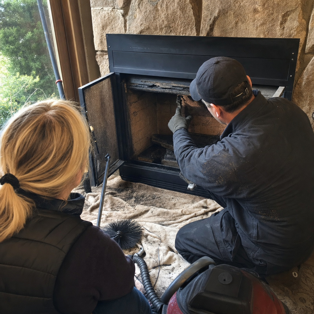 Professional chimney sweep inspecting and cleaning a residential fireplace in Washington, WA