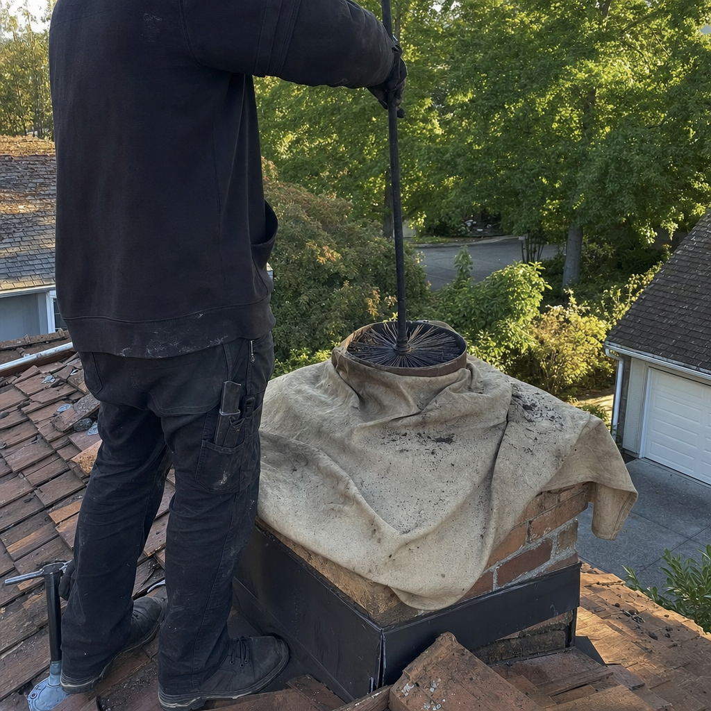 Professional chimney sweep cleaning a fireplace flue on a roof