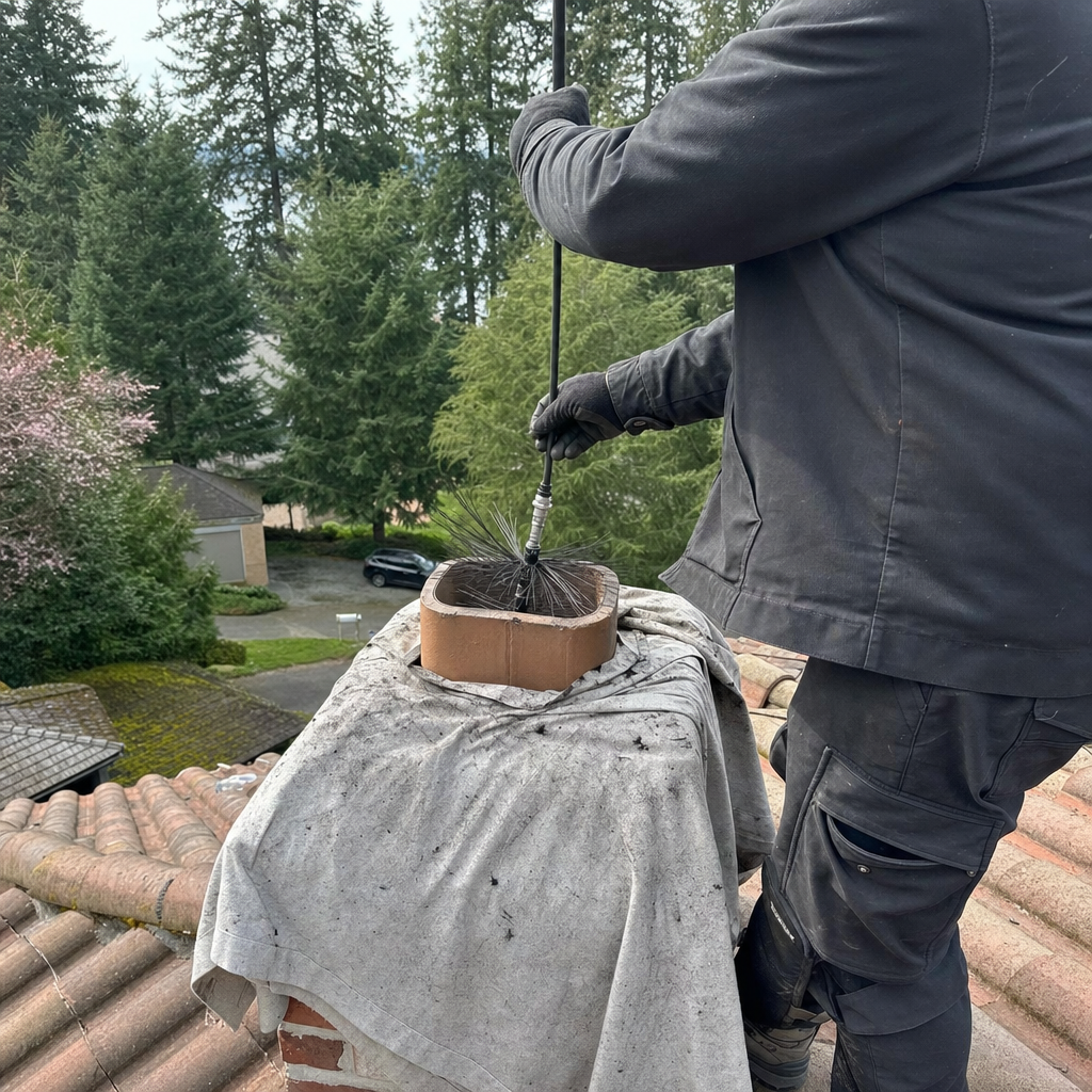 Professional chimney sweep cleaning a chimney flue from the roof