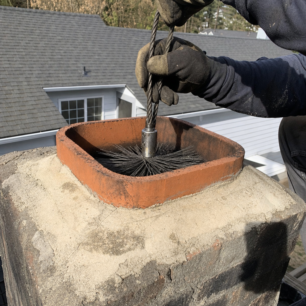 Professional chimney sweep cleaning a chimney flue with a wire brush tool