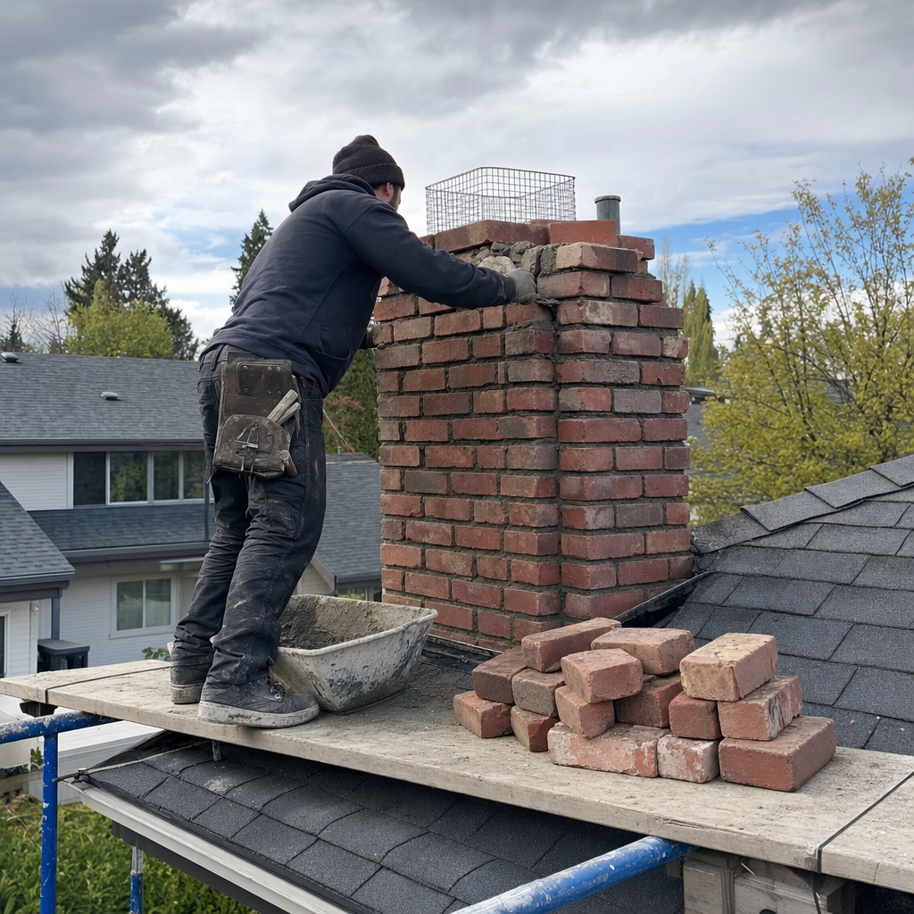 Professional mason performing a brick chimney rebuild and structural repair. in Bothell, WA