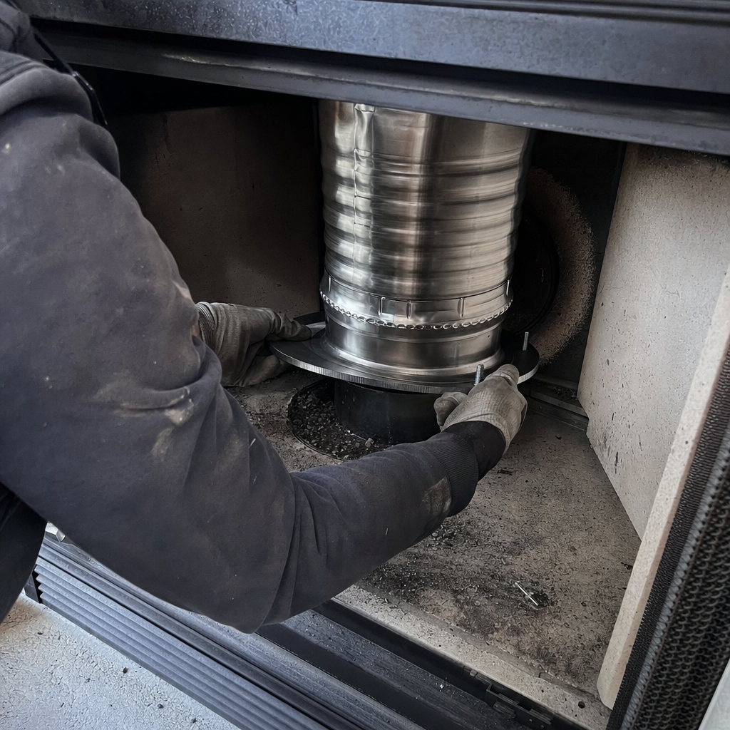 Technician installing a stainless steel chimney liner inside a fireplace firebox in Cheney, WA