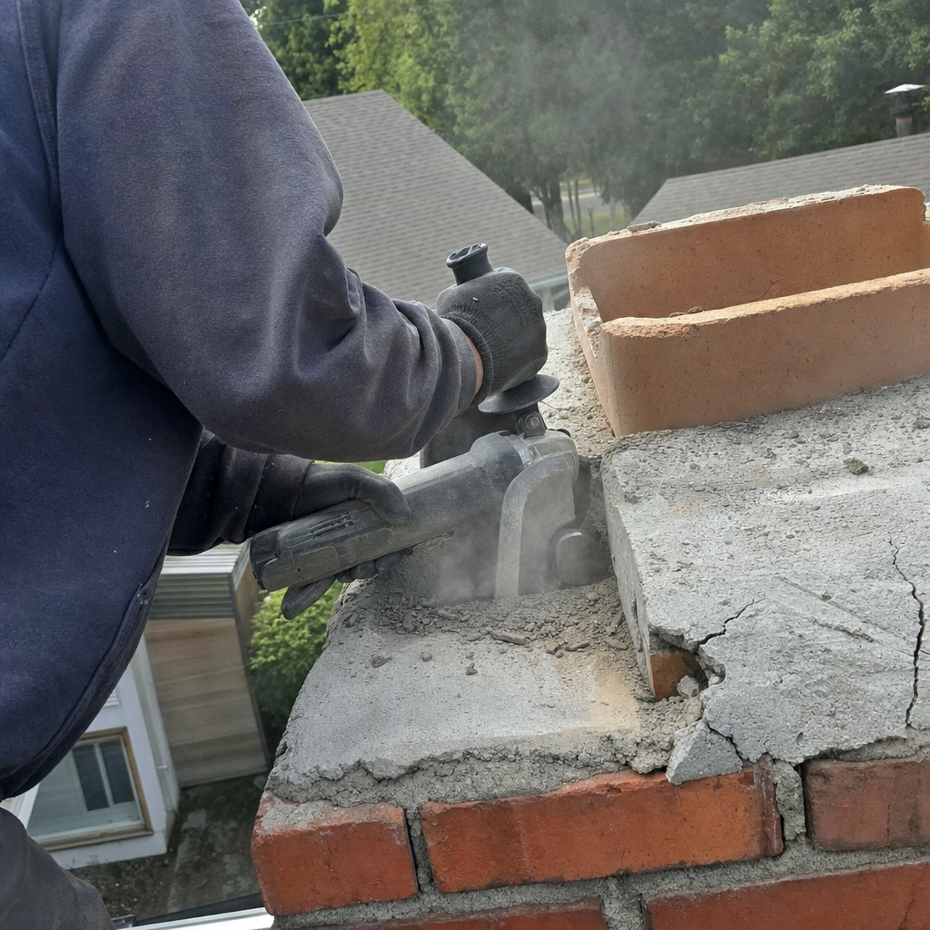 Professional technician using a power grinder to repair a brick chimney