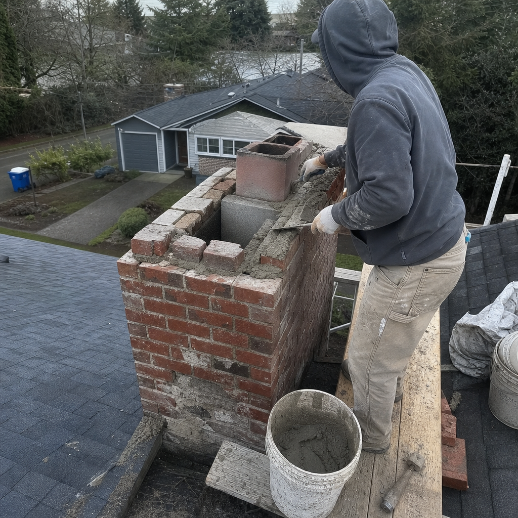Professional mason performing expert brick chimney repair and mortar restoration.