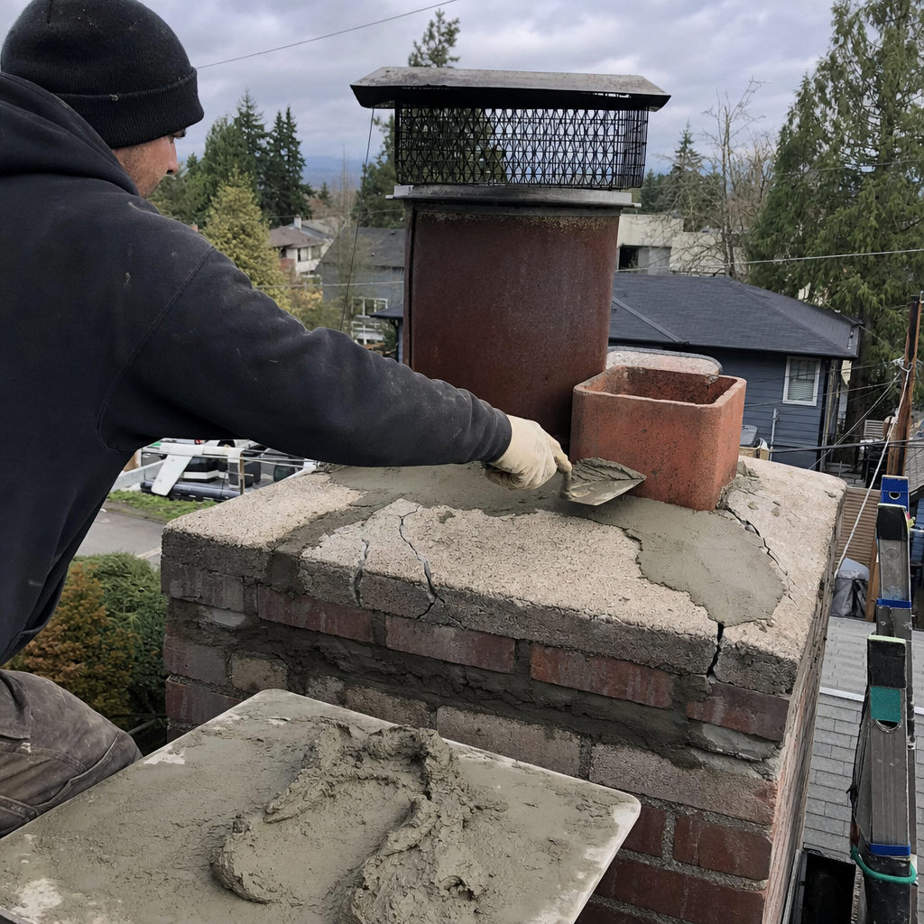 Professional chimney technician performing chimney crown repair on a residential rooftop
