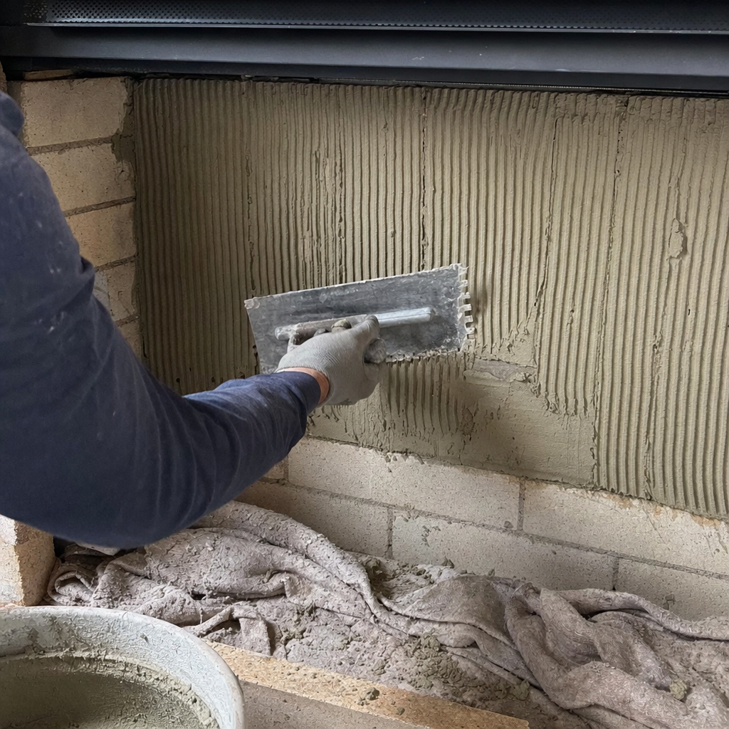 Worker applying mortar with a notched trowel for fireplace tile installation in Rathdrum, ID