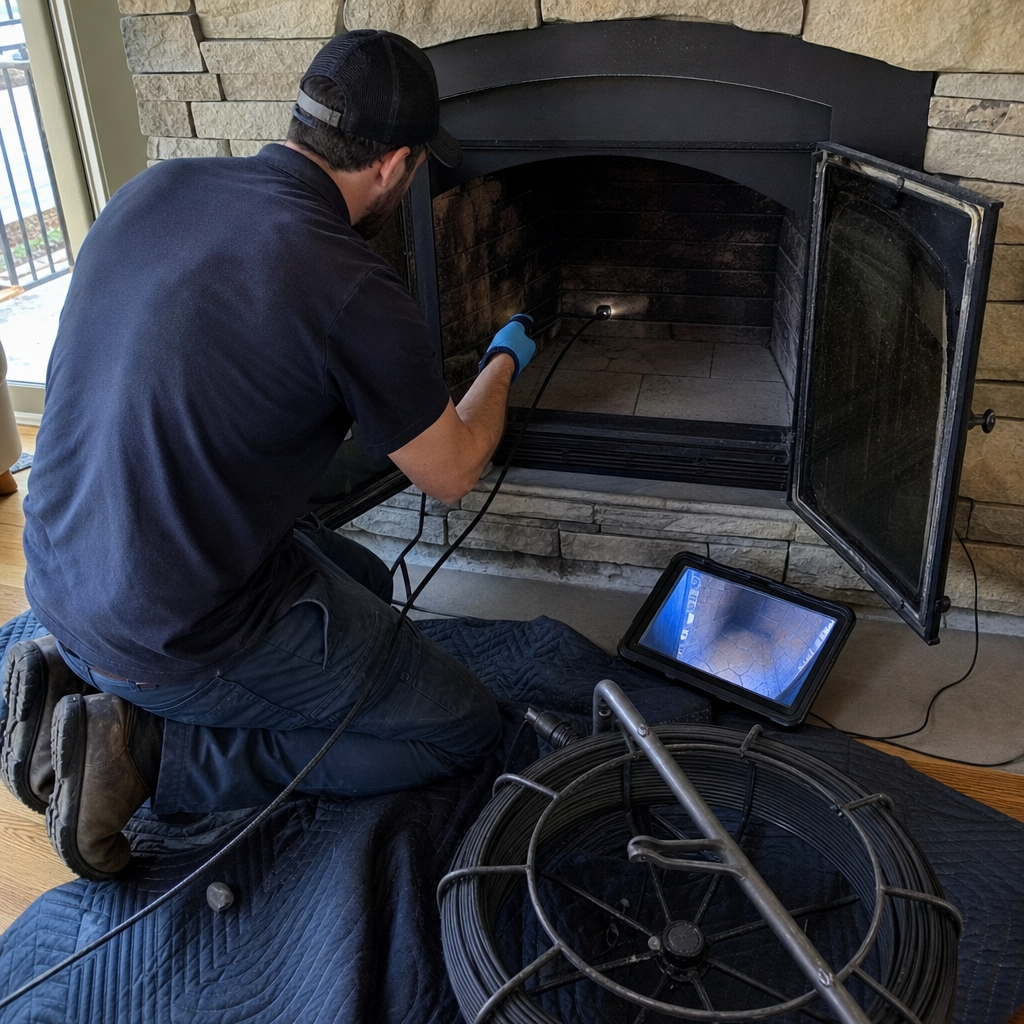 Professional technician performing a chimney inspection with a digital camera system